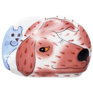 ? Helina Tilk Handpainted Ceramic Napkin Card Holder Dog and Cat~ Signed in VGUC